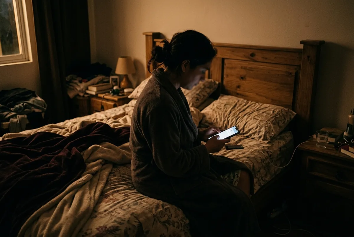 Una mujer sentada en el borde de la cama de noche revisando el celular: el mismo gesto repetido buscando certeza