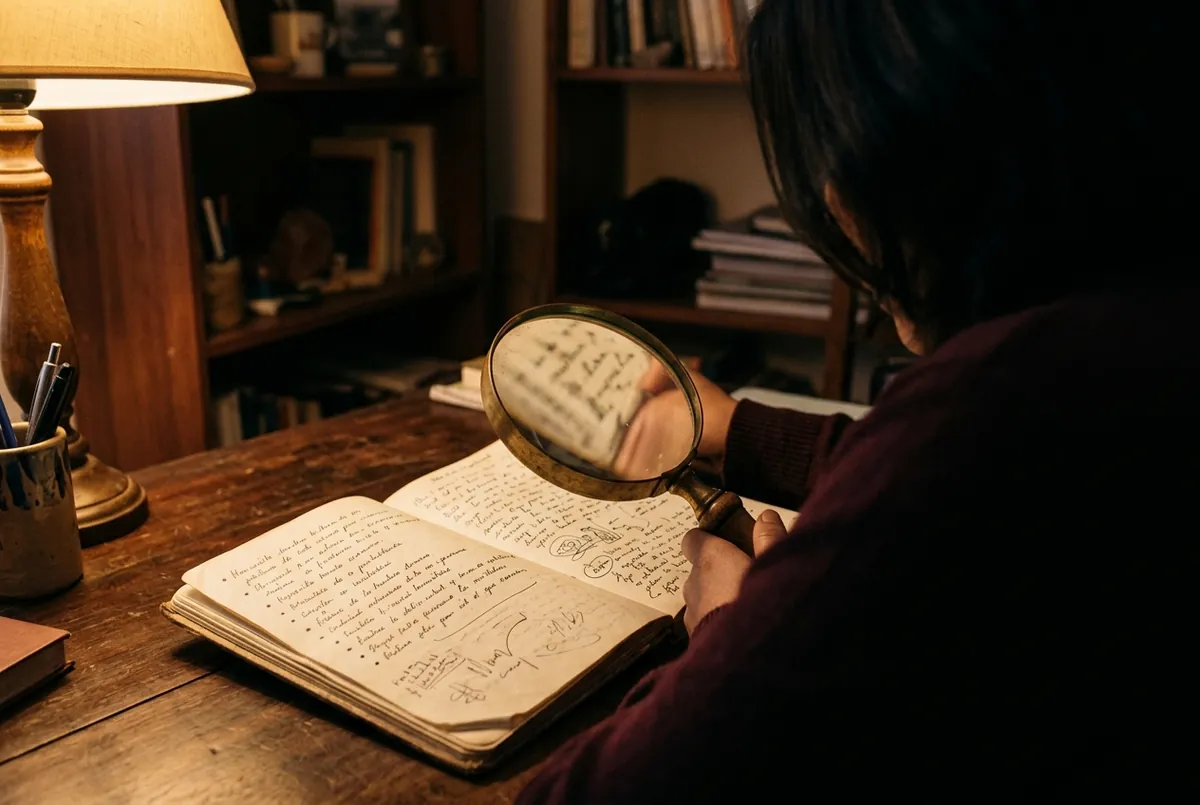 Una lupa apoyada sobre un cuaderno con seis renglones: el juego del Detective