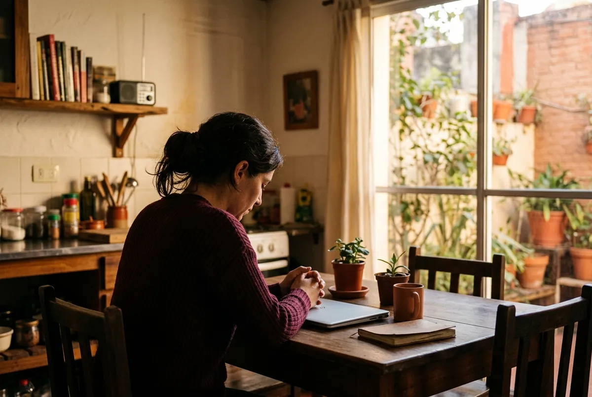Una mujer frente a la laptop cerrada, con las manos entrelazadas y la mirada baja: la emoción detrás de la tarea postergada