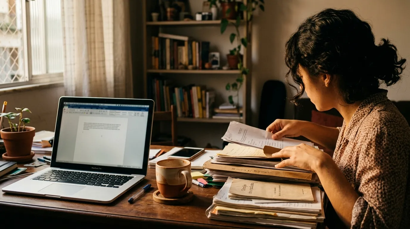 Escritorio con la laptop abierta en un documento en blanco y una mujer ordenando papeles al costado: ocuparse de todo menos de eso