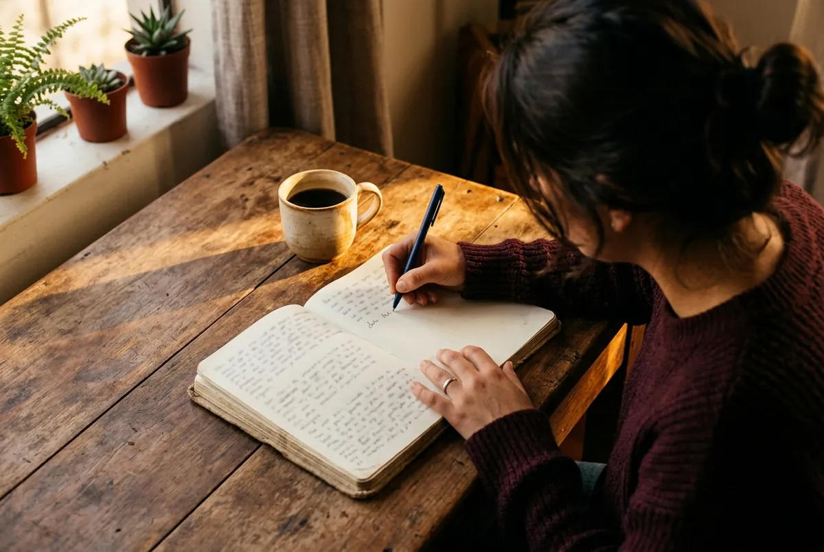 Manos de una mujer escribiendo en una libreta, junto a un café, las reglas de su manual interno sobre cómo deberían comportarse los demás