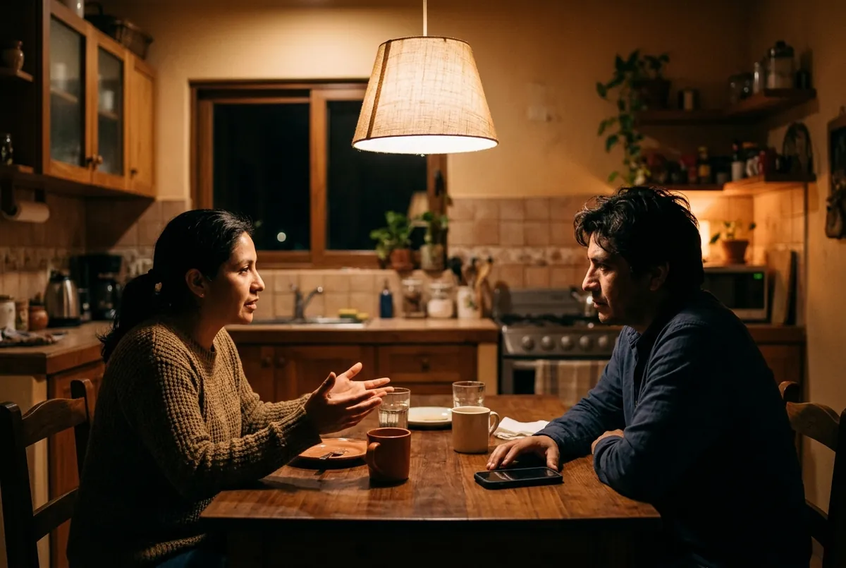 Pareja conversando de noche en la mesa de la cocina; él dejó el teléfono boca abajo para escucharla: un pedido asertivo que está siendo escuchado