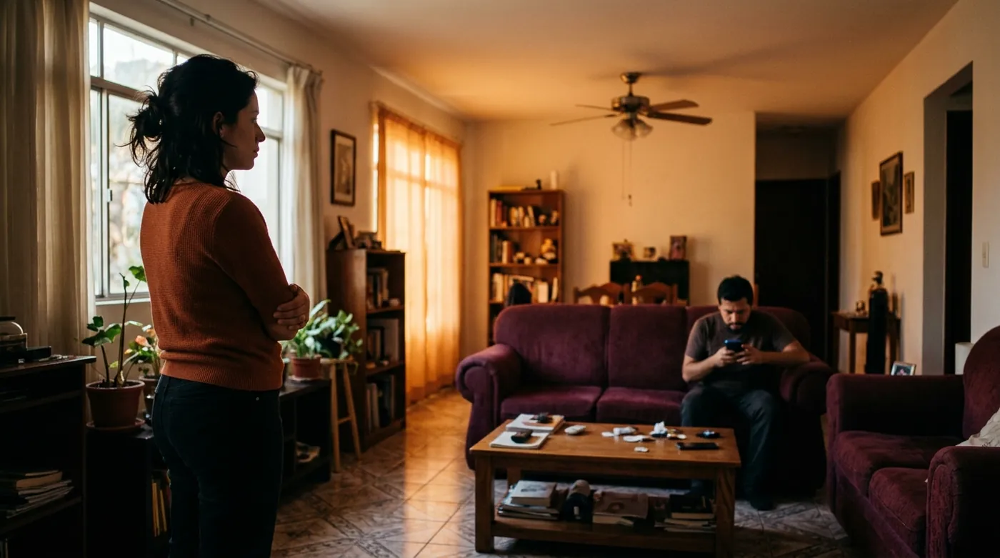 Una mujer de pie en la sala espera en silencio algo que no pidió, mientras su pareja mira el teléfono en el sillón