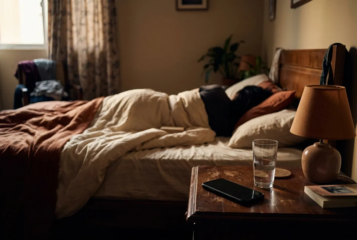 Un celular boca abajo sobre la mesa de luz, junto a un vaso de agua: dejar de esperar la respuesta