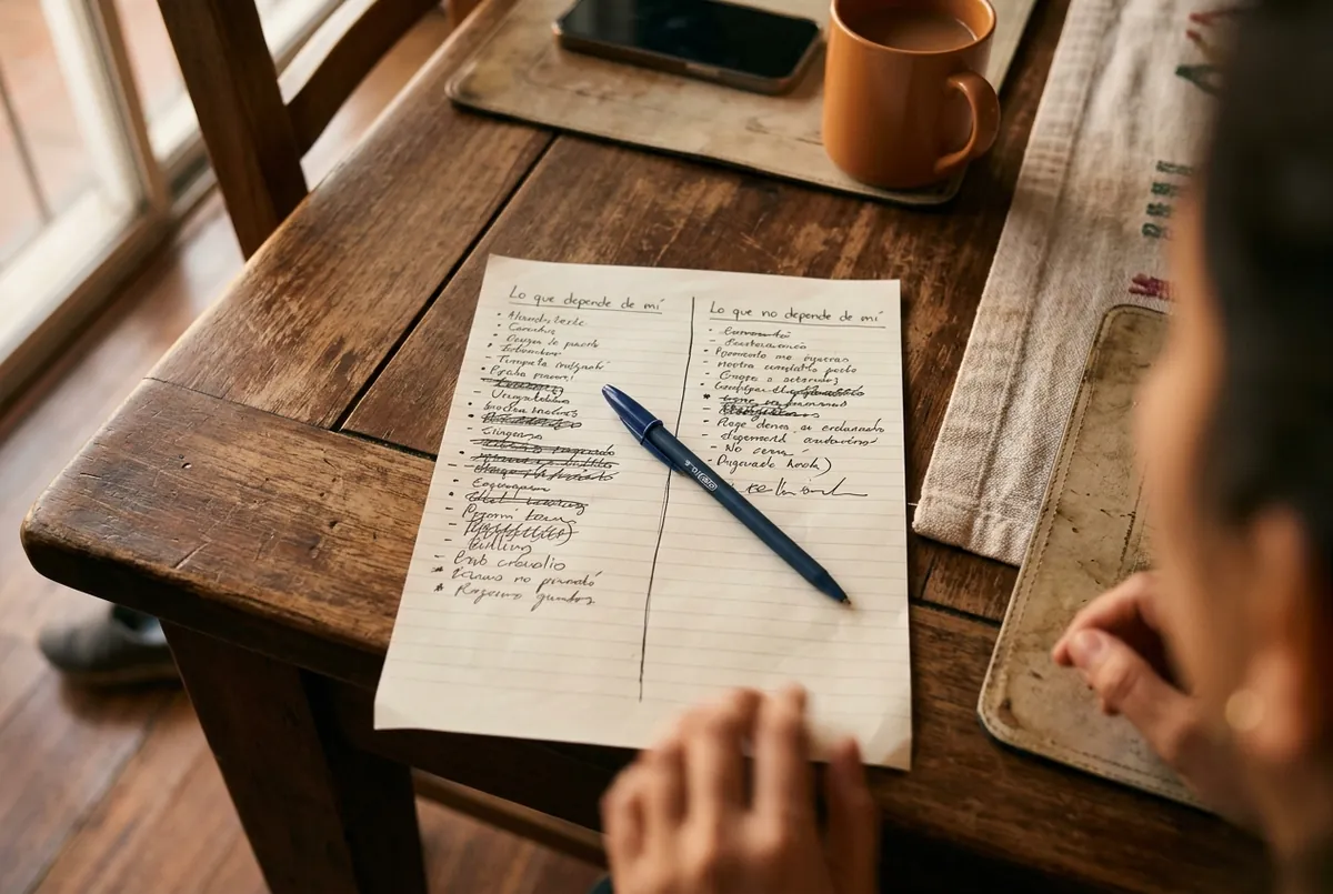 Hoja dividida por una línea vertical con dos listas: lo que depende de mí y lo que no