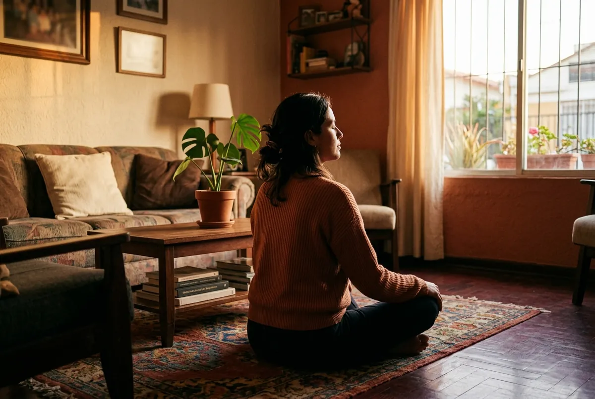 Una mujer sentada en el piso con los ojos cerrados, respirando, con luz de tarde: nombre, pausa, elección