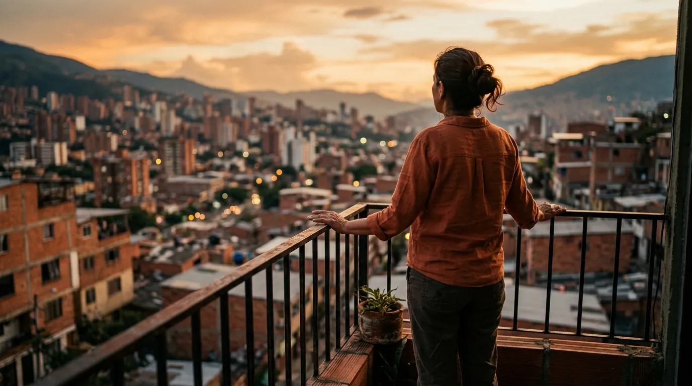 Una mujer de espaldas en un balcón al atardecer, con las manos abiertas sobre la baranda, soltando el aire