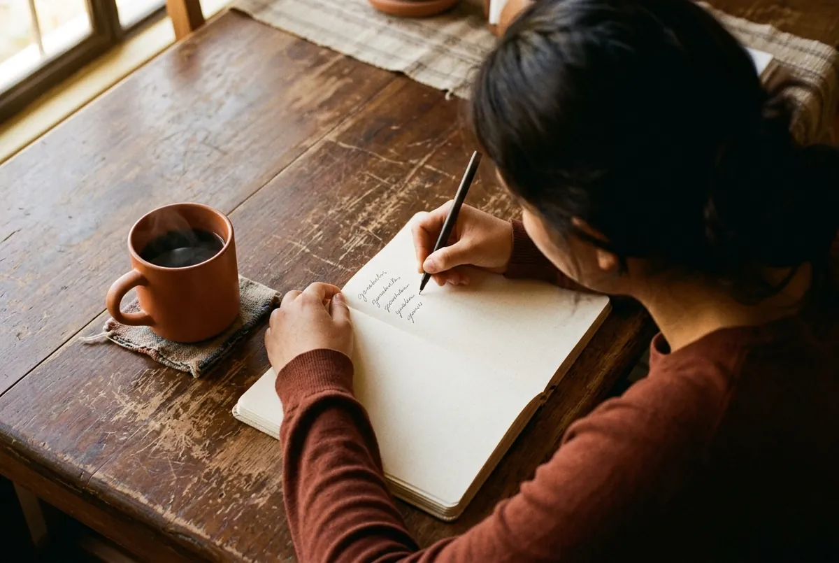 Manos de una mujer completando cinco frases en una libreta: yo sé que alguien me quiere cuando…