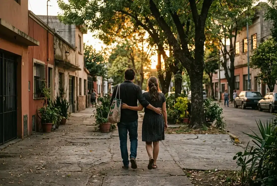 Pareja caminando por la vereda al atardecer, ella con la mano en el brazo de él: dos lenguajes del amor conviviendo