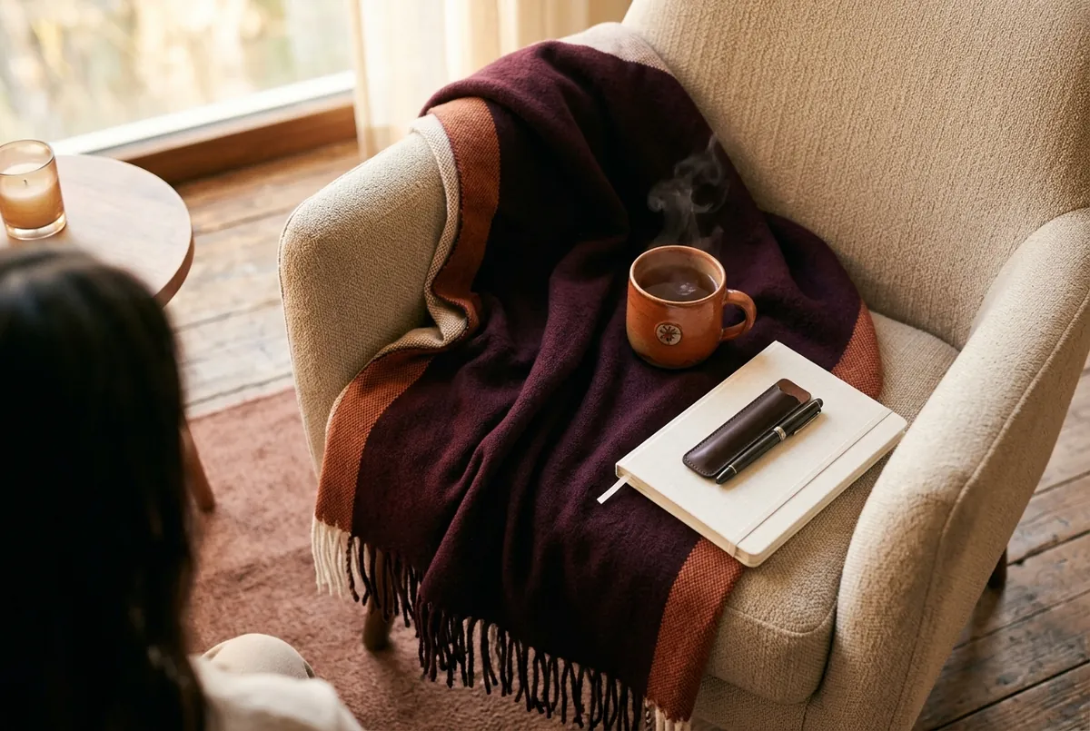 Cenital de una manta suave sobre un sillón, una taza de té y un cuaderno cerrado: el espacio tranquilo antes de una sesión