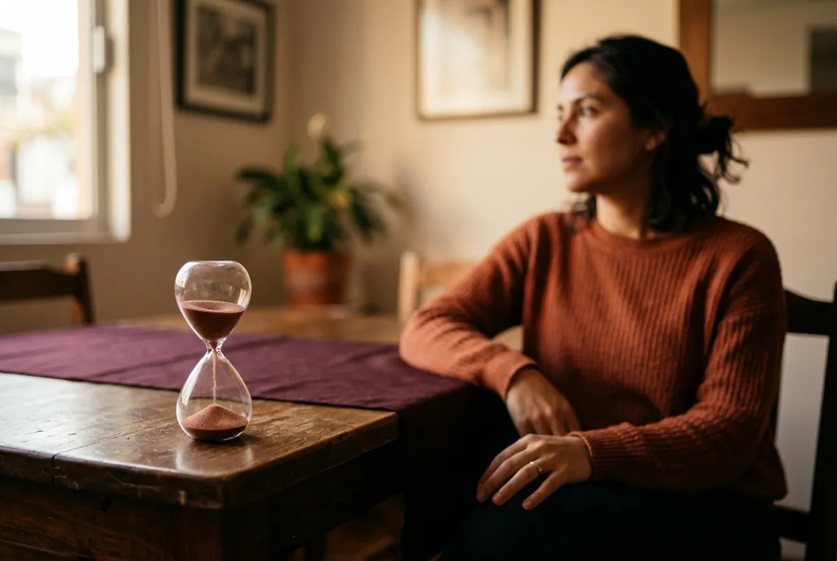 Un reloj de arena pequeño sobre la mesa, con la arena cayendo: la pausa de cinco minutos