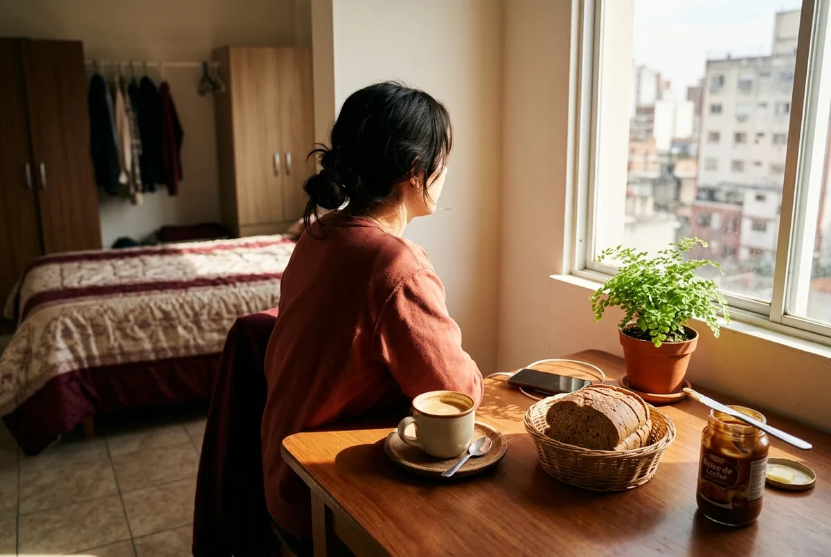 Una mesa de desayuno sencilla con luz de sol: pan, una taza, una planta, una cama hecha al fondo