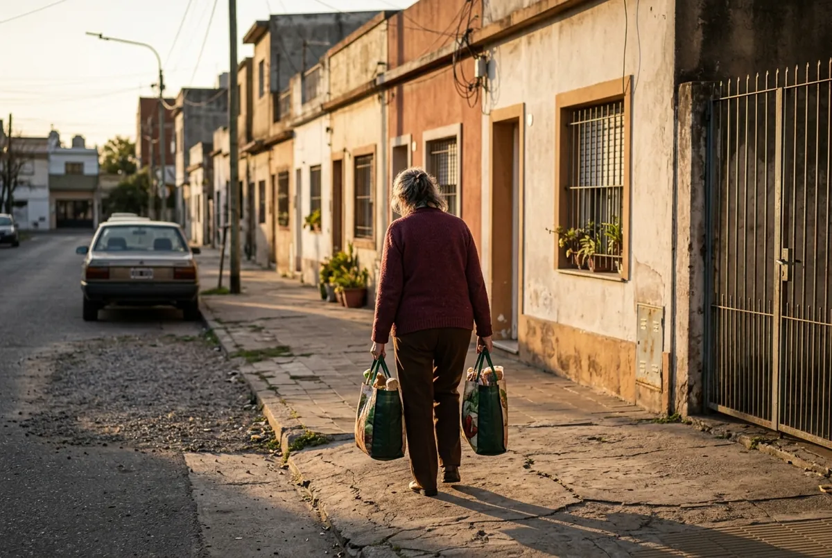 Una mujer mayor de espaldas caminando por la vereda del barrio cargando dos bolsas de compras pesadas, luz de atardecer