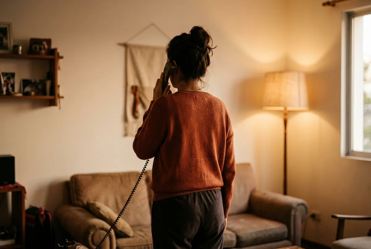 Una mujer de espaldas hablando por teléfono en el living, de pie, con postura tranquila y firme