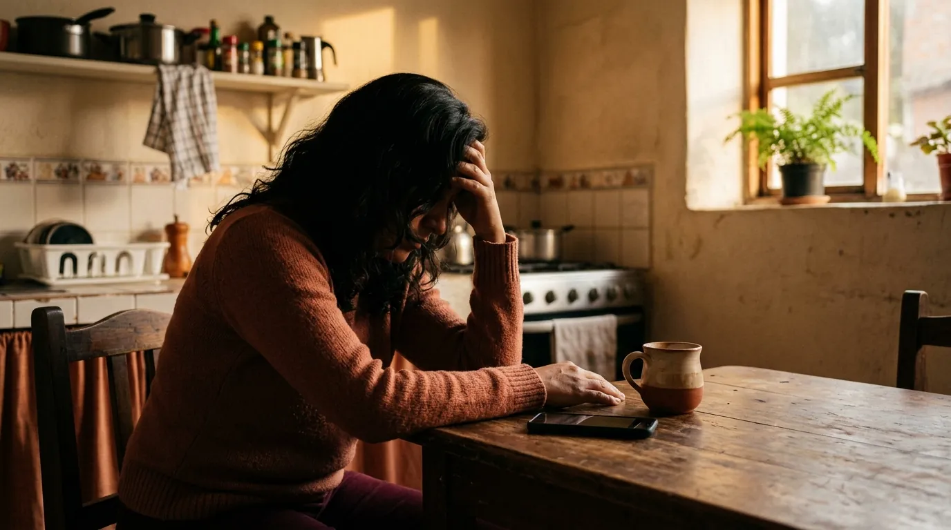 Una mujer sentada a la mesa de la cocina, de perfil en sombra, con el celular boca abajo y la mano en la frente