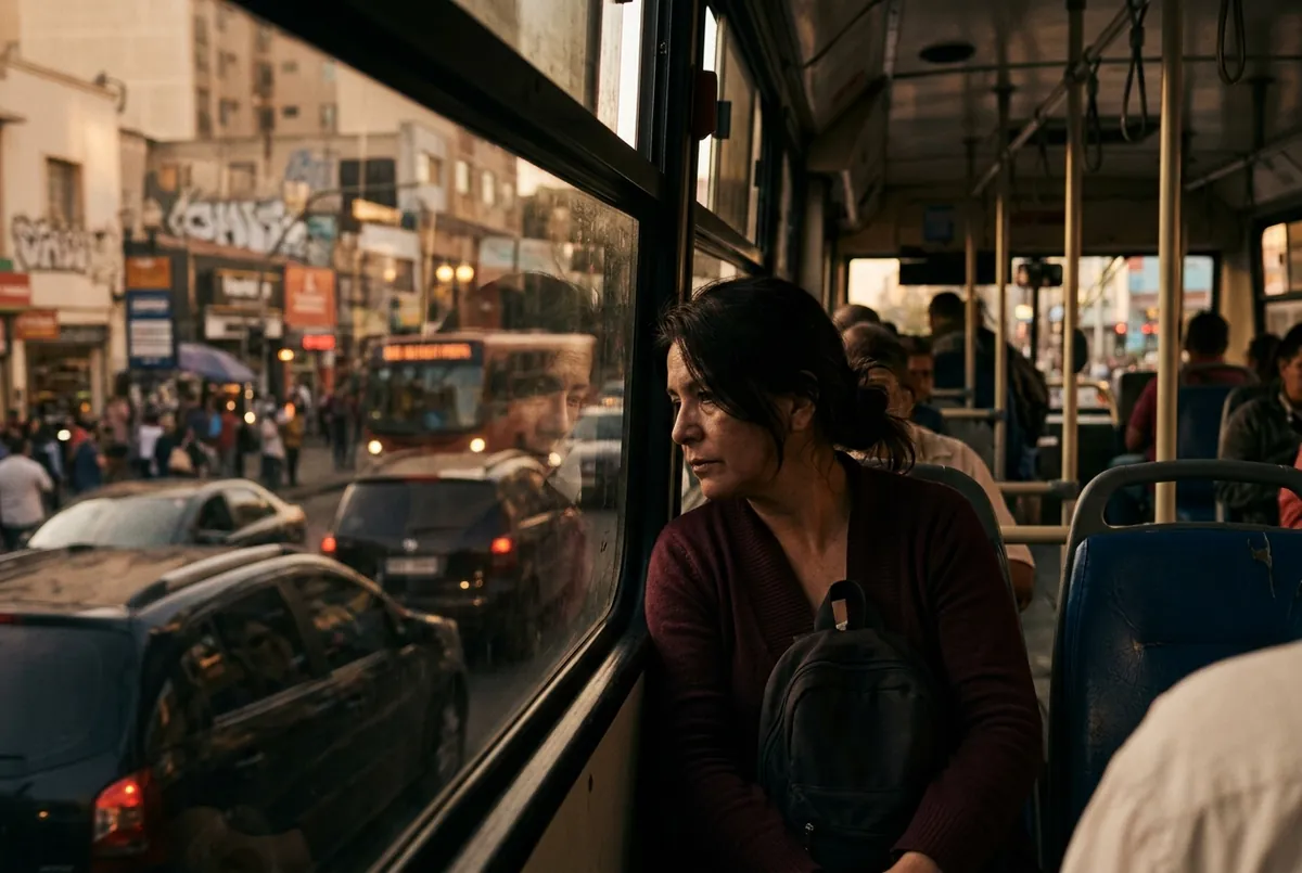 Una mujer en el transporte público mirando por la ventana con la mirada perdida, repasando una conversación