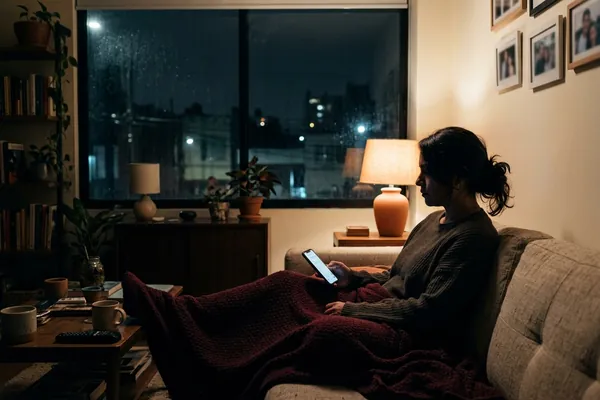 Una mujer en el sillón, de noche, con el teléfono en la mano y la mirada perdida