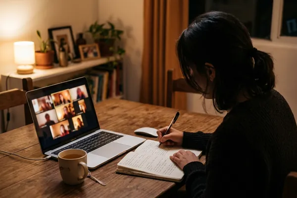 Laptop con una videollamada grupal y una libreta con anotaciones, de noche